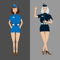 Two girls stewardess in light and dark blue uniform with different gestures as isolated cartoon characters