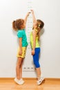 Two girls stretch up with hand on scale