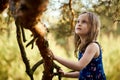 Two girls in summer dresses are climbing a tree in the forest