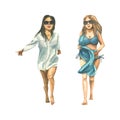 Two girls in swimsuits and pareos running on the beach. Isolated objects from a large CUBA set. Watercolor illustration