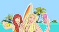 Two Girls Take Selfie Photo Beach Cell Smart Phone Tropical Island