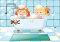 Two girls taking bubble bath