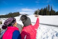 Two Girls Tourist Snowboard And Ski Resort Snow Winter Mountain Woman Taking Selfie Photo Royalty Free Stock Photo