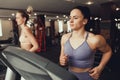 Two girls train in the gym. One girl teaches a friend and helps her with training