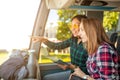 Girls travel by bus in Europe, public transport, trip and vacation and friendship concept Royalty Free Stock Photo