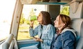 Travel by bus in Europe, public transport, trip and vacation and friendship concept Royalty Free Stock Photo