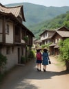 Two girls travelling in rural village