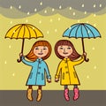 Two girls under umbrellas