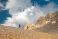 two girls on a walk in the mountains. girls with backpacks walk along a mountain path against the sky Royalty Free Stock Photo