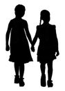 Two girls walking and holding hands silhouette.