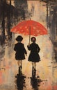 Two Girls Walking Under An Umbrella: A Red And Black Painting