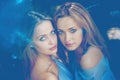 Two girls, women models in blue. Twins in the forest Royalty Free Stock Photo