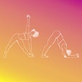 Two girls in yoga poses. Dolphin and triangle poses. White outline women silhouettes on gradient background. Hand drawn style.