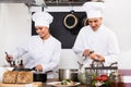 Two glad female and male young cooks Royalty Free Stock Photo
