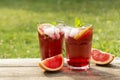 Two glasess with grapefruit drinks, wooden table, green garden background