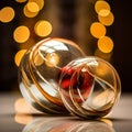 two glass balls on a table with lights in the background Royalty Free Stock Photo