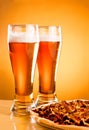 Two glass of beer and pizza Royalty Free Stock Photo