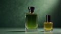 two glass bottles of different sizes with stylish perfumes with unique aroma on a green background Royalty Free Stock Photo
