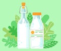 Two glass bottles with milk, organic natural product, high quality, pasteurized, free dairy