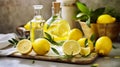 Two glass bottles of mineral water and lemons on a wooden tray, AI-generated. Royalty Free Stock Photo