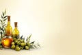 Two glass bottles of olive oil and olives isolated on white backgrounf, copy space. Olive oil in glass bottle with green olives Royalty Free Stock Photo