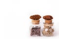 Two glass bottles and two pine cones on a white background. Natural herbs and potions. Copy space.