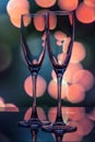 Two glass champagne glasses, on a glass base, on a background of light bokeh. Royalty Free Stock Photo