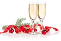 Two Glass of Champagne, Red ribbon, Balls Royalty Free Stock Photo