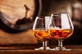 Two glass of Cognac and old oak barrel defocussed Royalty Free Stock Photo