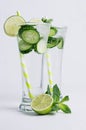 Two glass with cold detox water with slices cucumber, lime, mint, ice, straw on white wood plank. Royalty Free Stock Photo