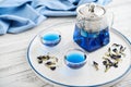 Two glass cup of blue Anchan tea with teapot