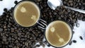 Two shots of espresso sitting in a bed of coffee beans Royalty Free Stock Photo