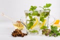 Two glass cups fresh mint tea with lemon and honey on white background.