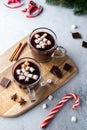 Two glass cups of hot chocolate with marshmallows and cinnamon sticks on wooden board. Winter, Christmas and New Year drink. Royalty Free Stock Photo