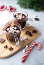 Two glass cups of hot chocolate with marshmallows and cinnamon sticks on wooden board. Christmas drink. Royalty Free Stock Photo