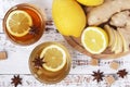 Two glass cups with hot tea with lemon and ginger Royalty Free Stock Photo
