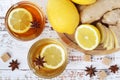 Two glass cups with hot tea with lemon and ginger Royalty Free Stock Photo