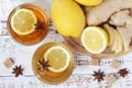 Two glass cups with hot tea with lemon and ginger Royalty Free Stock Photo