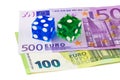Two glass dice lie on 500 and 100 euro banknotes. Royalty Free Stock Photo