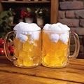 Two glass faceted beer mugs filled with beer on a wooden table with abundant white foam