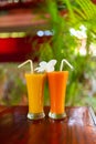 Two glass glasses with freshly squeezed juice and frangipani flower Royalty Free Stock Photo
