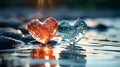 Two glass hearts in water. Valentines day background. Love concept Royalty Free Stock Photo