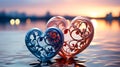 Two glass hearts in water. Valentines day background. Love concept Royalty Free Stock Photo