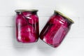 Two glass jars with canned beets Royalty Free Stock Photo