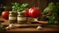 Two Glass Jars with Green Pesto with Ingredients on Healthy Kitchen Food Image.