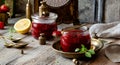 Two glass jars with homemade canned strawberry jam, marmalade, jelly on rustic wooden grey table with basil Royalty Free Stock Photo