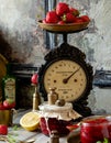 Two glass jars with homemade canned strawberry jam, marmalade, jelly on rustic wooden grey table with basil Royalty Free Stock Photo