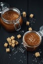 Two glass jars with homemade salted caramel and pieces of brown sugar with salt crystals Royalty Free Stock Photo