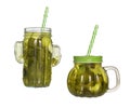 Two glass jars with lids and tubes with cucumber pickle isolated Royalty Free Stock Photo
