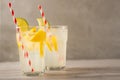 Two glass of lemonade with lemons and lime and straw, on a dark background, with space, a cool drink and summer mood